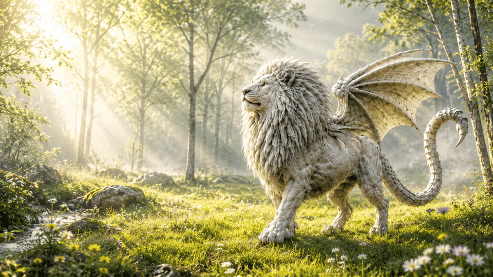 A white Manticore in a forest landscape